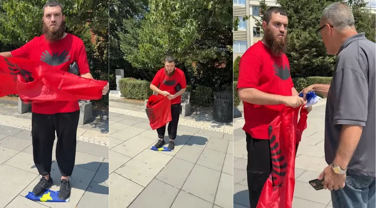 Qytetari nga Tirana e shkel flamurin e Kosovës me dy këmbët në Prishtinë (Video)