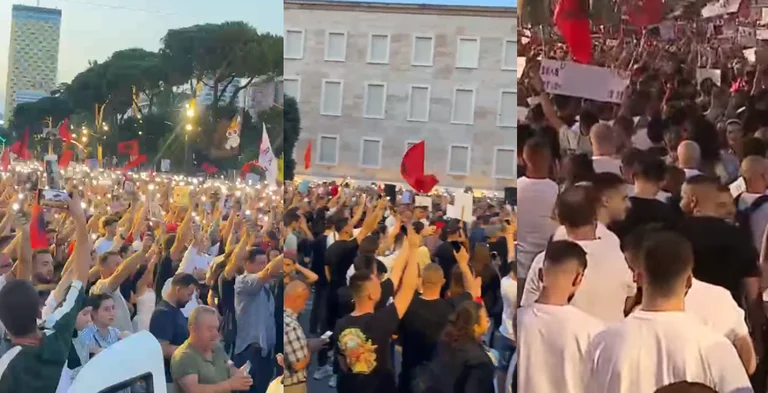 Me dritat e telefonave ndezur, protestuesit marshojnë pas tubimit para Kryeministrisë