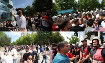 Protestuesit përplasen me policinë në Tiranë, 3 efektivë të lënduar- Deputetët goditen me vezë, hidhet spray lotsjellës
