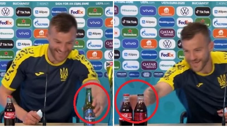 “Më kontaktoni”, Yarmolenko tallet me Ronaldon dhe Pogban duke reklamuar shishet e pijeve në konferencë shtypi