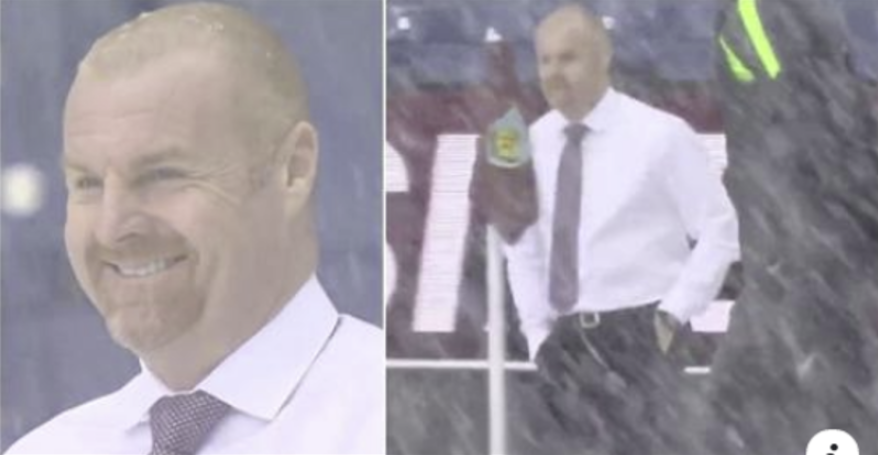 Trajneri i Burnleyt duke qëndruar në stuhi të borës pa xhaketë dhe duke qeshur, është thjesht bizare