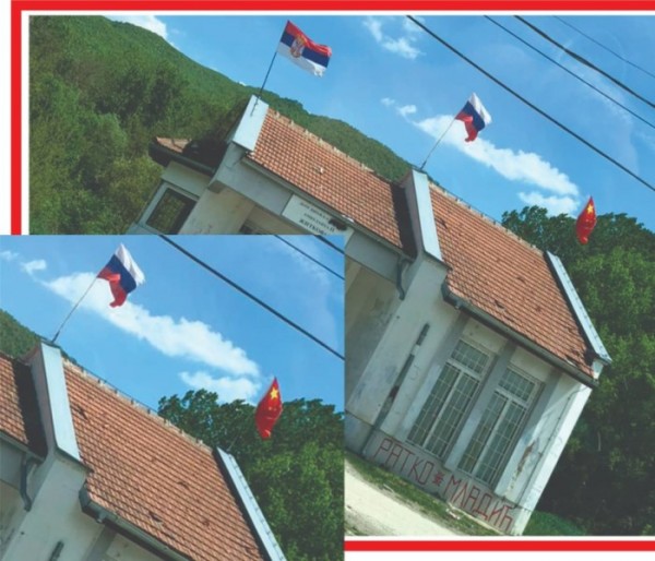 Shtëpia e shëndetit në Zveçan me tre flamuj: serb, rus dhe kinez