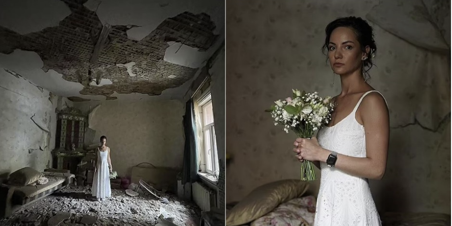 “Rusët më vodhën kujtimet e fëmijërisë,” nusja ukrainase pozon në gërmadhat e shtëpisë së shkatërruar nga bombat ruse