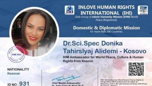 Donika Tahirsylaj-Alidemi merr titullin ‘Ambasadore e Paqes Botërore’ për liritë dhe të drejtat e njeriut