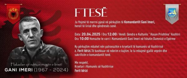 Komuna e Vushtrrisë mban akademi përkujtimore më 20 prill në nderim të komandantit, Gani Imeri