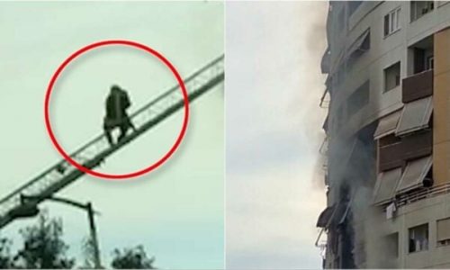 Zjarrfikësi shpëton nga flakët fëmijën në një banesë në Tiranë, e merr me shkallë në krahë