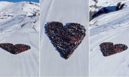 Homazh për viktimat e zjarrit në Zvicër, skiatorët krijojnë zemrën në borë