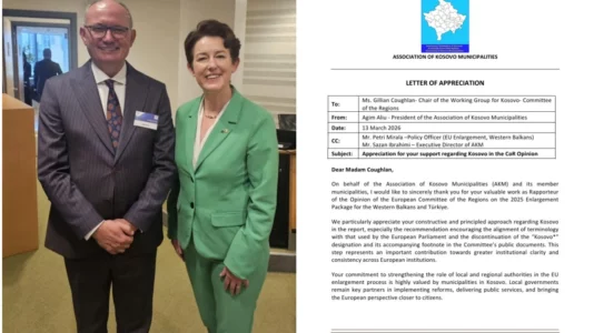 Agim Aliu falënderon Gillian Coughlan për mbështetjen ndaj Kosovës në dokumentet e Komitetit të Rajoneve