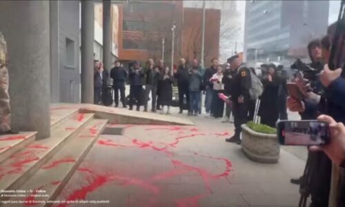 Protestuesit hedhin ngjyrë të kuqe para hyrjes së Kuvendit